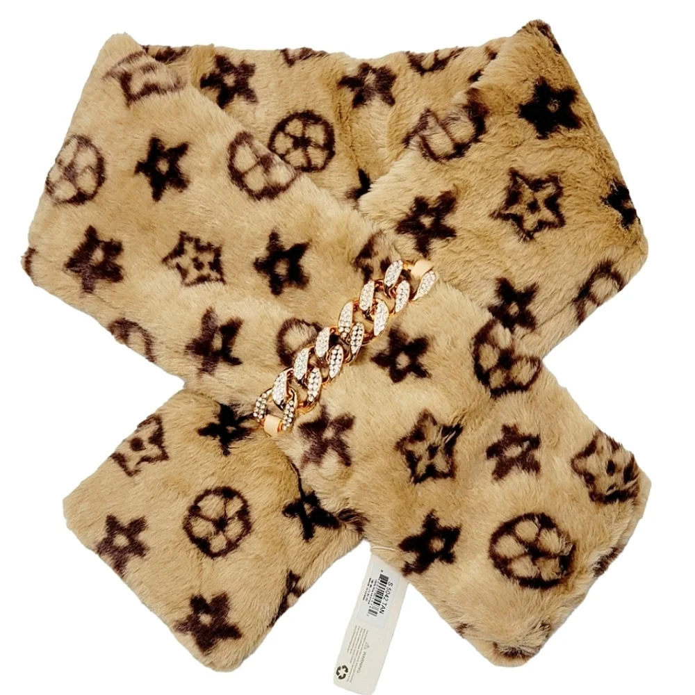 Flower Monogram Tan Faux Fur Oblong Scarf w Bling Chain Detail